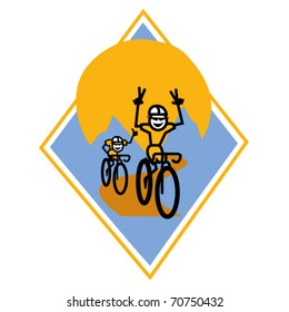 Mountain bikers or bicyclists racing and giving the peace sign with their fingers.