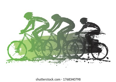 Mountain bikers, competition. 
Expressive grunge stylized  illustration of three cyclists on mountain bike. Vector available.