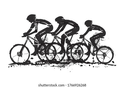 
Mountain bikers in full speed. 
Expressive grunge stylized  black illustration of three cyclists on mountain bike. Vector available.