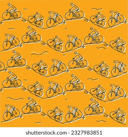 Motociclistas de montaña, arte de línea estilizado, divertido fondo decorativo.
Ilustración de ciclistas de montaña montando en terreno montañoso, fondo naranja. Vector disponible.