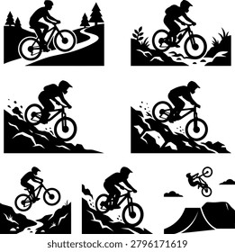 Mountain bikers on challenging terrain, jumps, descents, technical climbs, extreme cycling, action silhouettes.