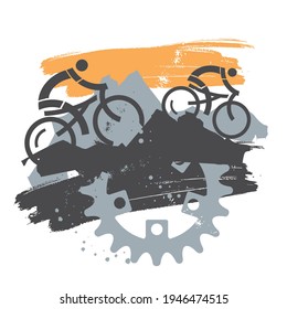 
Mountain bikers, mountain trip, bicycle chainring.
Expressive  grunge stylized illustration of mountain bike cyclists and Gear. Vector available.