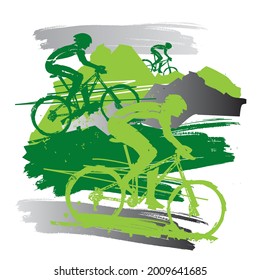  Mountain bikers, mountain trip.
 Expressive grunge stylized illustration of mountain bike cyclists. Vector available.