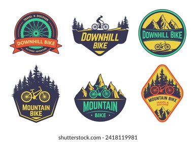 Mountain bikes badge of bicycle mountain emblem, sport extreme outdoor illustration of race rider logo, icon or label vector
