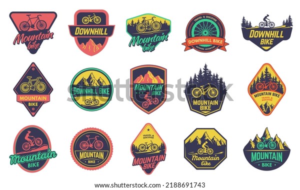 Mountain\
bikes badge. Downhill sticker, outdoor freestyle bicycle and bike\
riders emblems vector set. Extreme sportsman traveling on cycling\
vehicles, discovering nature. Leisure\
hobby