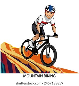 Mountain biking athlete isolated on white background in cartoon style. Summer Games 2024. Vector illustration.