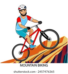 Mountain biking athlete isolated on white background in cartoon style. Summer Games 2024. Vector illustration.