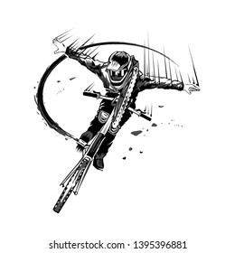 Mountain biking and cicling. Vector artwork in the style of ink drawing.