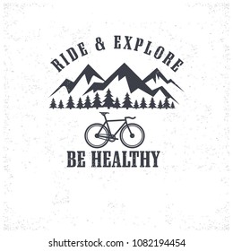 Mountain biking club. Vector illustration. Concept for shirt or logo, print, stamp or tee. Vintage typography design riding bike and mountain silhouette. Extreme sport. banner