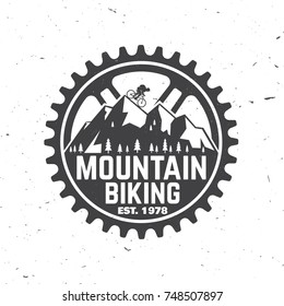 Mountain biking club. Vector illustration. Concept for shirt or logo, print, stamp or biking tourism. Vintage typography design with forest, mountain bikes silhouette.