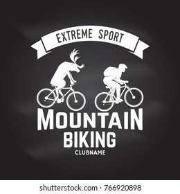Mountain biking clubname. Vector. Concept for head badges, shirt, print, stamp or biking tourism. Vintage typography design with deer rides a mountain bike silhouette. Chalk drawing on a blackboard.