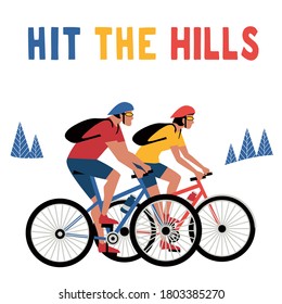 Afiche del vector de dibujos animados de montaña. Aventura al aire libre para explorar el paisaje de campo. Ilustración de dibujos animados de estilo minimalista en bicicleta de montaña. Elemento de diseño de club deportivo activo