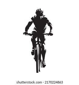 Mountain biking, cycling logo. Abstract isolated vector silhouette, ink drawing. Biker, front view