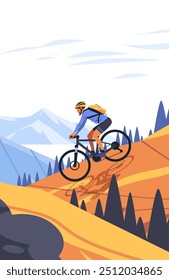 Mountain biking cyclist riding downhill on a trail with scenic mountain landscape and pine trees in background. Outdoor adventure sports