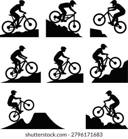 Mountain biking extreme action, downhill riders, rocky trails, jumping, challenging sport, adventure, outdoor activity, dynamic motion.