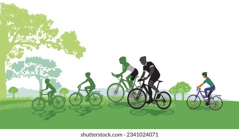 Mountain biking with family in group, illustration