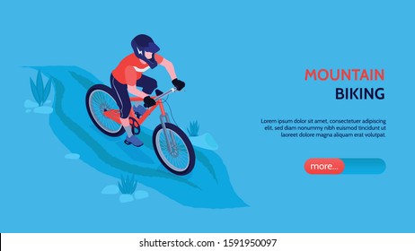 Mountain biking horizontal banner with bicyclist in sport form and helmets coming downhill on bicycle vector illustration