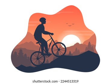 Mountain Biking Illustration with Cycling Down the Mountains for Sports, Leisure and Healthy Lifestyle in Flat Cartoon Silhouette Hand Drawn Templates