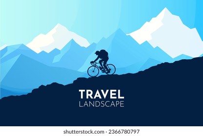 Ciclismo de montaña. Silhouette de ciclista hembra de montaña en un paisaje natural salvaje. Montañas, bosque en segundo plano. Ciclista. Bicíclista, cuesta abajo y fuera de la carretera. Ilustración del vector 