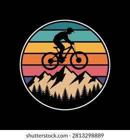 Mountain Biking Silhouette with Sunset and Forest Landscape	