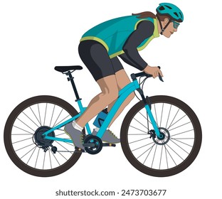 mountain biking sport, female riding a mountain bike isolated on a white background