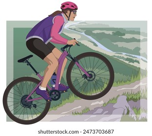 mountain biking sport, female riding a mountain bike up a mountain trail with landscape in the background