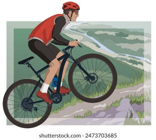 mountain biking sport, male riding a mountain bike up a mountain trail with landscape in the background