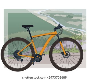 mountain biking sport, men's orange mountain bike on a mountain trail with landscape in the background