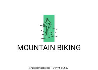 Icono de la línea de Vector deportivo de ciclismo de montaña. deportista con bicicleta de montaña. signo de Vector. ilustración de pictograma deportivo