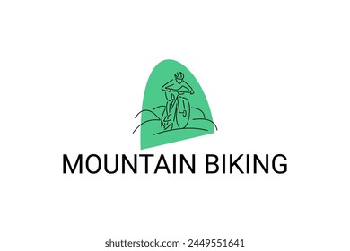 Icono de la línea de Vector deportivo de ciclismo de montaña. deportista con bicicleta de montaña. signo de Vector. ilustración de pictograma deportivo