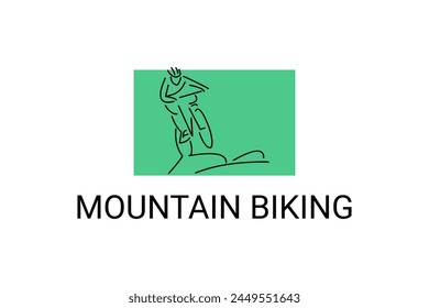 Icono de la línea de Vector deportivo de ciclismo de montaña. deportista con bicicleta de montaña. signo de Vector. ilustración de pictograma deportivo