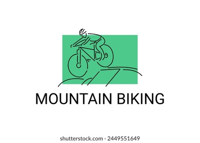 Icono de la línea de Vector deportivo de ciclismo de montaña. deportista con bicicleta de montaña. signo de Vector. ilustración de pictograma deportivo