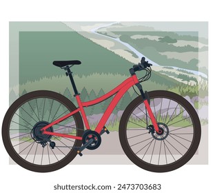 mountain biking sport, women's red mountain bike on a mountain trail with landscape in the background