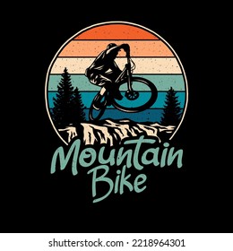 Mountain Biking t shirt graphic design, hand drawn line style with digital color, vector illustration