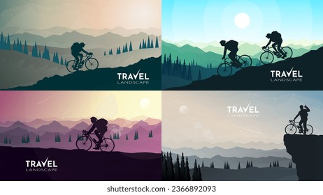 Mountain biking. Travel concept of discovering, exploring and observing nature. Mountain bike. Cycling. Adventure tourism. Minimalist graphic set flyer, coupon, voucher, gift card. Vector illustration