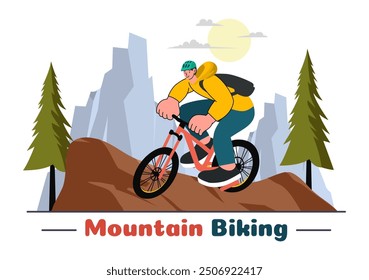 Mountain Biking Vector Illustration featuring Cyclists Riding Down the Mountains for Sports, Leisure, and a Healthy Lifestyle in a Flat Background