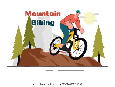 Mountain Biking Vector Illustration featuring Cyclists Riding Down the Mountains for Sports, Leisure, and a Healthy Lifestyle in a Flat Background