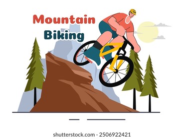 Mountain Biking Vector Illustration featuring Cyclists Riding Down the Mountains for Sports, Leisure, and a Healthy Lifestyle in a Flat Background