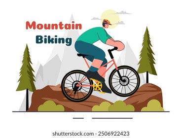 Mountain Biking Vector Illustration featuring Cyclists Riding Down the Mountains for Sports, Leisure, and a Healthy Lifestyle in a Flat Background