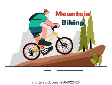 Mountain Biking Vector Illustration featuring Cyclists Riding Down the Mountains for Sports, Leisure, and a Healthy Lifestyle in a Flat Background