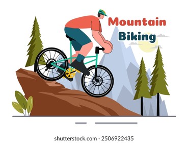 Mountain Biking Vector Illustration featuring Cyclists Riding Down the Mountains for Sports, Leisure, and a Healthy Lifestyle in a Flat Background