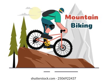 Mountain Biking Vector Illustration featuring Cyclists Riding Down the Mountains for Sports, Leisure, and a Healthy Lifestyle in a Flat Background