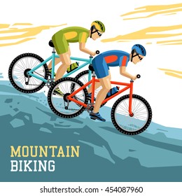 Mountain biking vector illustration with two bicyclist in sport form and helmets coming downhill on bikes