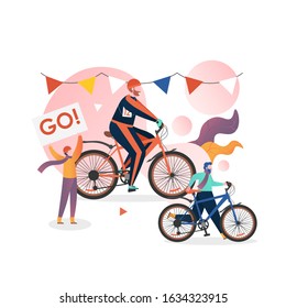 Mountain biking, vector illustration. Winter triathlon competition, championship, multisport run-bike-ski event concept for web banner, website page etc.