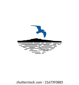 Mountain bird peak hill and lake, sea, beach, sunset island logo design illustration