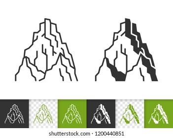 Mountain black linear and glyph icons. Thin line sign of nature landscape. High peak outline pictogram isolated on white transparent background. Vector Icon shape. Mount ice peak simple symbol closeup