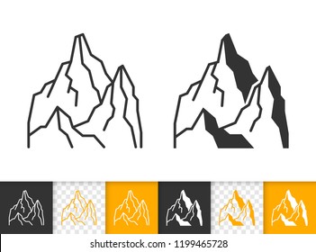 Mountain black linear, silhouette icons. Thin line sign of nature landscape. High Peak outline pictogram isolated on white, transparent background. Vector Climbing simple shape. Closeup ridge symbol