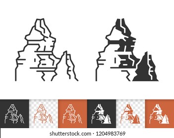 Mountain black linear, silhouette icons. Thin line sign of nature landscape. High Peak outline pictogram isolated on white, transparent background. Vector Climbing simple shape. Closeup ridge symbol