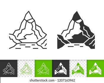 Mountain black linear, silhouette icons. Thin line sign of nature landscape. High Peak outline pictogram isolated on white, transparent background. Vector Climbing simple shape. Closeup ridge symbol