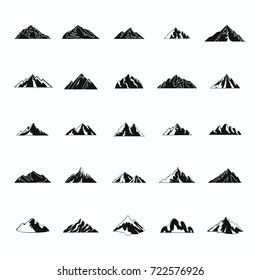 Mountain black silhouette icons set vector illustration for design and web isolated on white background. Mountain vector object for label and advertising